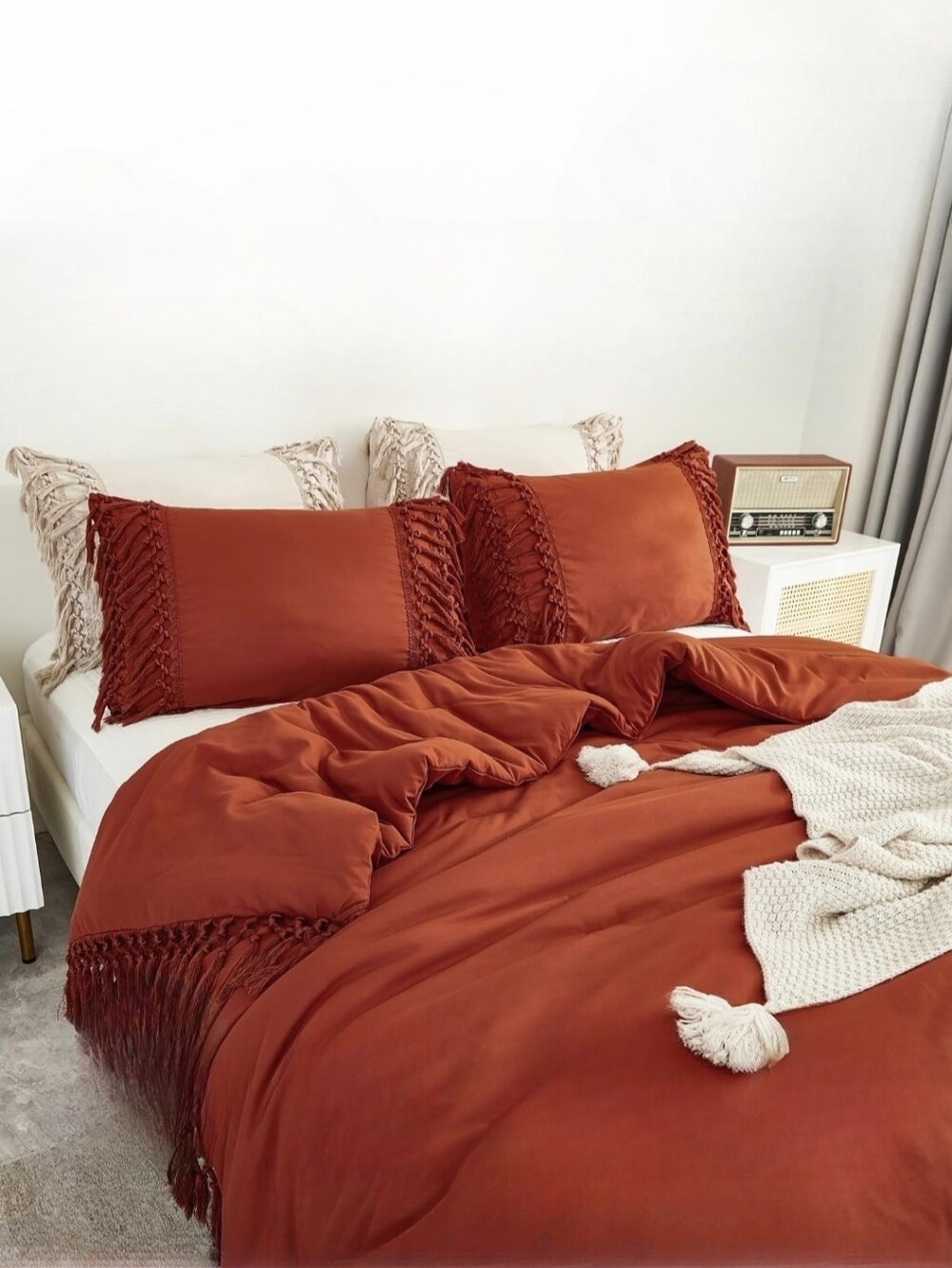 Burnt Orange Boho Tassel Full Size Bed Comforter Shams Set Rust Autumn Bedding